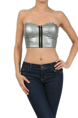 Bandeau Top Metallic Studded Faux Leather Black Silver Zipper Top Sexy