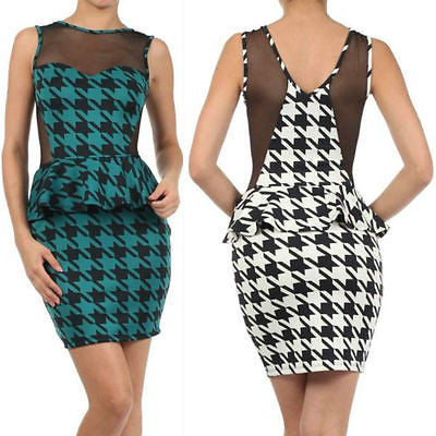 Houndstooth Dress Cocktail Peplum Ruffle Sheer Mesh Sleeveless Mini Party