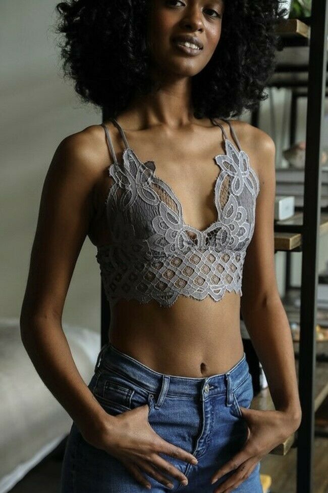 Gray Scalloped Crochet Boho Lace Longline Bralette Womens