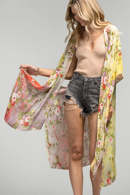 Whimsical Spring Colorful Floral Kimono Coverup Open Wrap Top Casual Women's