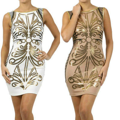 Woman Dress Bodycon Ornate Metallic Print Low Back Stretch Sleeveless