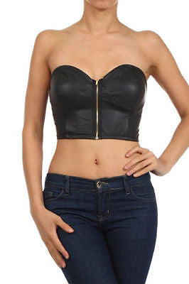 Faux Leather Crop Bustier Strapless Zipper Club Sexy Sweetheart