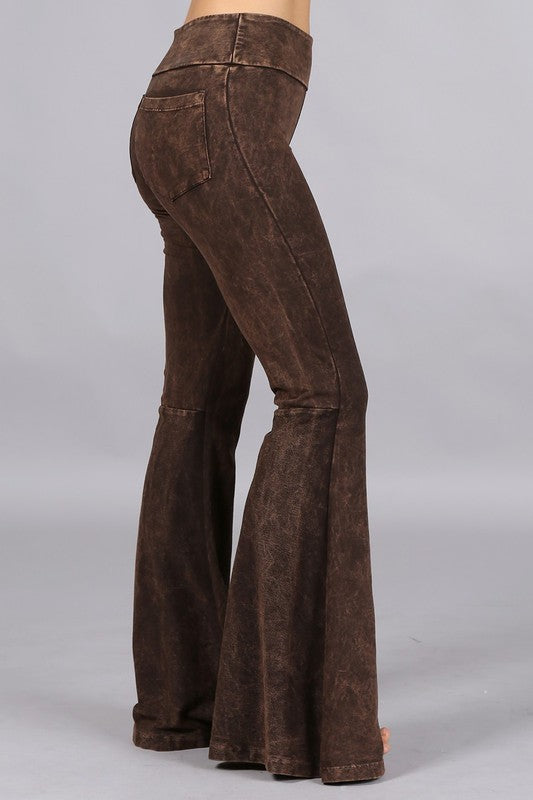 Brown Mineral Wash French Terry Flared Bell Bottom Pull On Pants w/ Pockets