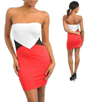 Dress Strapless Sexy Stretch Colorblock Mesh See Thru Panel Club Woman