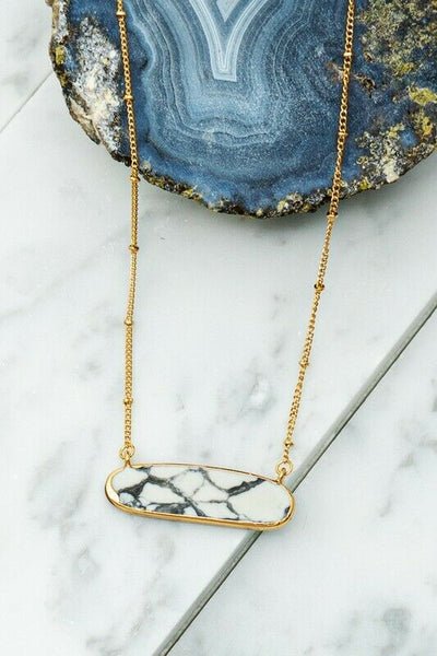 Natural Stone Oval Slab Gold Rim Delicate Boho Necklace