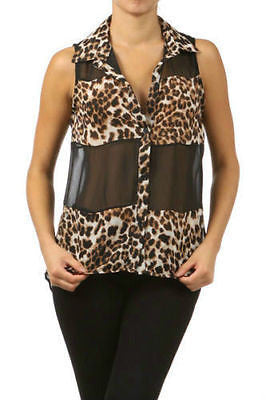 Top Chiffon Leopard Sheer Sleeveless Black High Low Hem Sexy