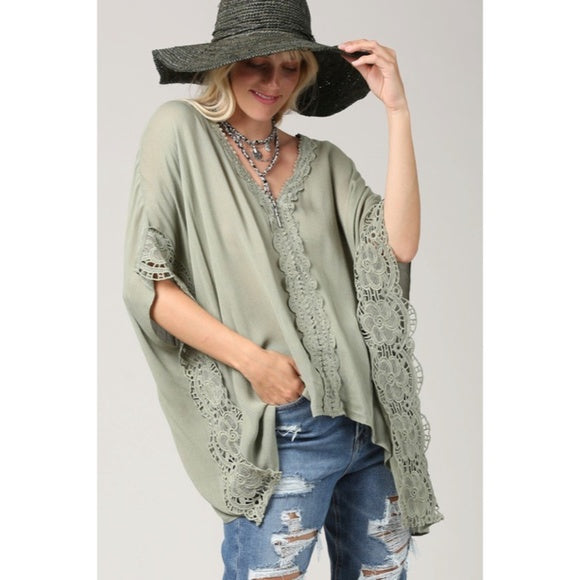 Olive Green Yoryu V-Neck Lace Trim Kimono Blouse Bohemian Casual Top Women's