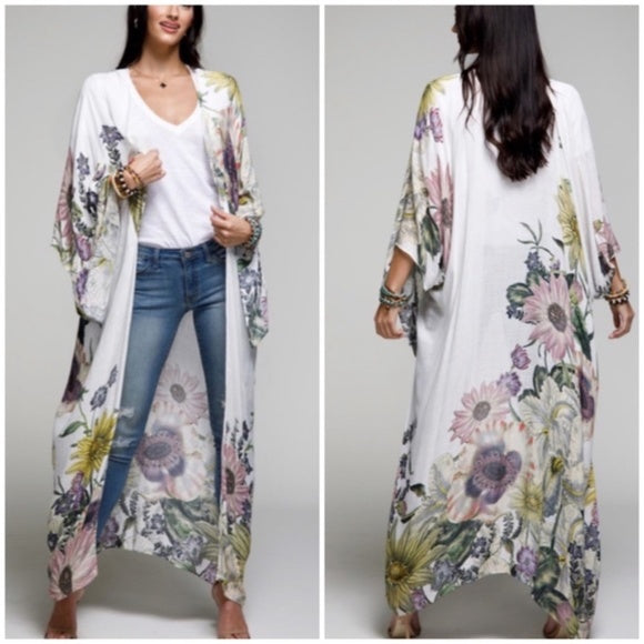 Aurelia Floral Motif Flower Sheer Kimono Long Maxi Open Duster Wrap Coverup