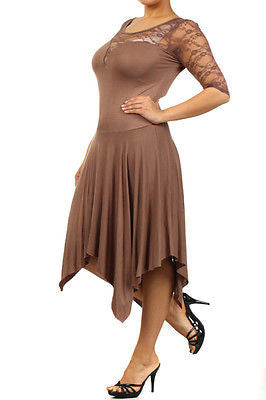 Plus Dress Lace Sweetheart Sexy Solid 3/4 Sleeve Asymmetrical Mocha