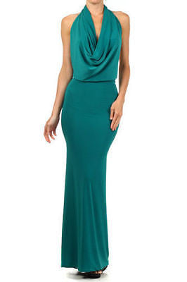 Dress Gown Formal Cocktail Halter Drape Cowl Maxi Solid Low Back Sexy