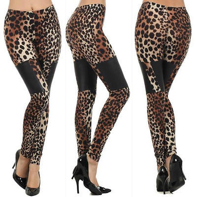 Leggings Leopard Faux Leather Panel High Waist Print Womens