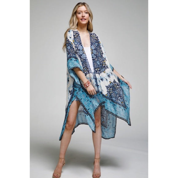 San Jose Blue Intricate Mandala Floral Bohemian Open Kimono Wrap Coverup