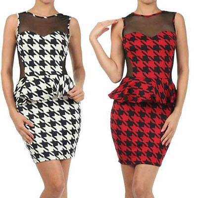 Houndstooth Dress Cocktail Peplum Ruffle Sheer Mesh Sleeveless Mini Party