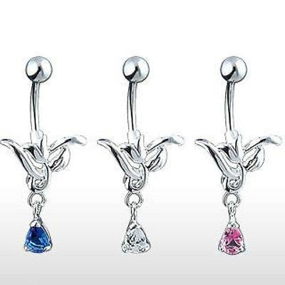 Belly Navel Ring Silver Tulip Teardrop Dangling Gem Cubic Zirconia Stainless Steel 316L