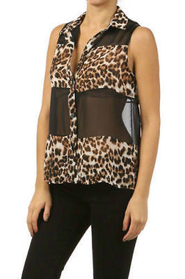 Top Chiffon Leopard Sheer Sleeveless Black High Low Hem Sexy