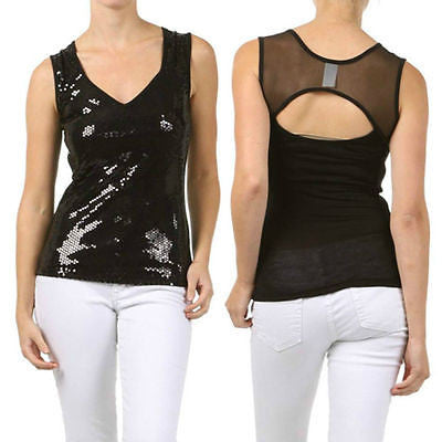 Top Sequin Sparkling Black Mesh Keyhole Sexy Club Tank Blouse Metallic