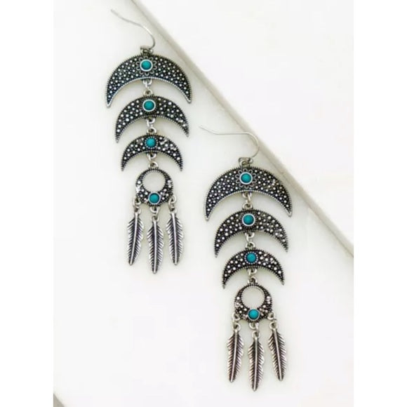 Triple Crescent Feather Turquoise Stone Earrings