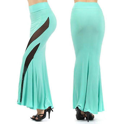 Skirt Maxi High Waist Full Length Mesh See Thru Solid Mermaid Flair Sexy Stretch