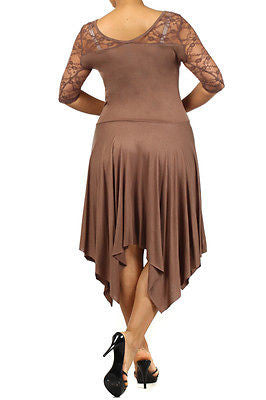 Plus Dress Lace Sweetheart Sexy Solid 3/4 Sleeve Asymmetrical Mocha