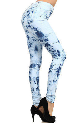 Jeans High Waist Tie Dye Light Dark Blue Denim Pants Skinny Stretch New