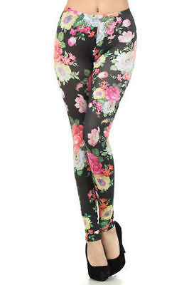 Leggings Pants Floral Colorful Spring Summer Stretch Full Long Length