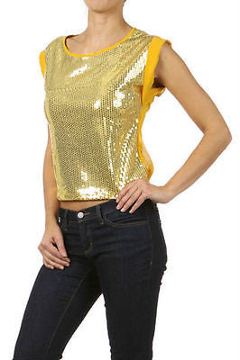 Sequin Gold Top Chiffon Trim See Thru Back Tie Cap Sleeve Club Blouse