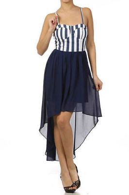 Dress Striped Chiffon Hi Low Hem 2 IN 1 Casual Sheer Sweetheart Neckline