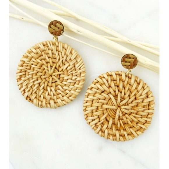 Boho Woven Straw Disk Round Earrings