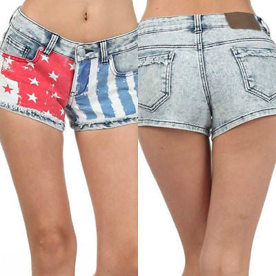 Short Mini Denim S M L Stars Stripes American Flag Faded Printed Stretch New