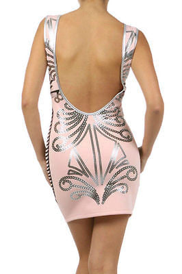 Woman Dress Bodycon Ornate Metallic Print Low Back Stretch Sleeveless