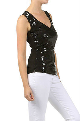 Top Sequin Sparkling Black Mesh Keyhole Sexy Club Tank Blouse Metallic