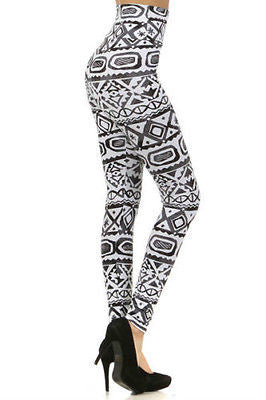 Leggings Tribal Aztec High Waist New Long Pants Gray Black Stretch Knit