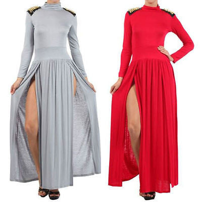 Maxi Dress Spike Studded Shoulder Turtleneck Slit Thigh Split Long Sleeve