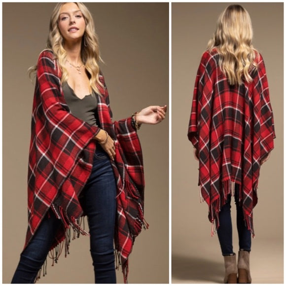 Red Black Plaid Blanket Ruana Knit Fall Winter Fringe Open Poncho Wrap