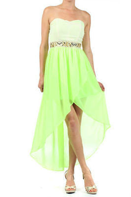 Dress Hi Lo Hem Neon Duo Tone Strapless Chiffon Sequin Beaded Cocktail