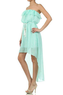 Dress Sheer Chiffon Hi Low Hem Checkered Flounce Strapless Summer Mint