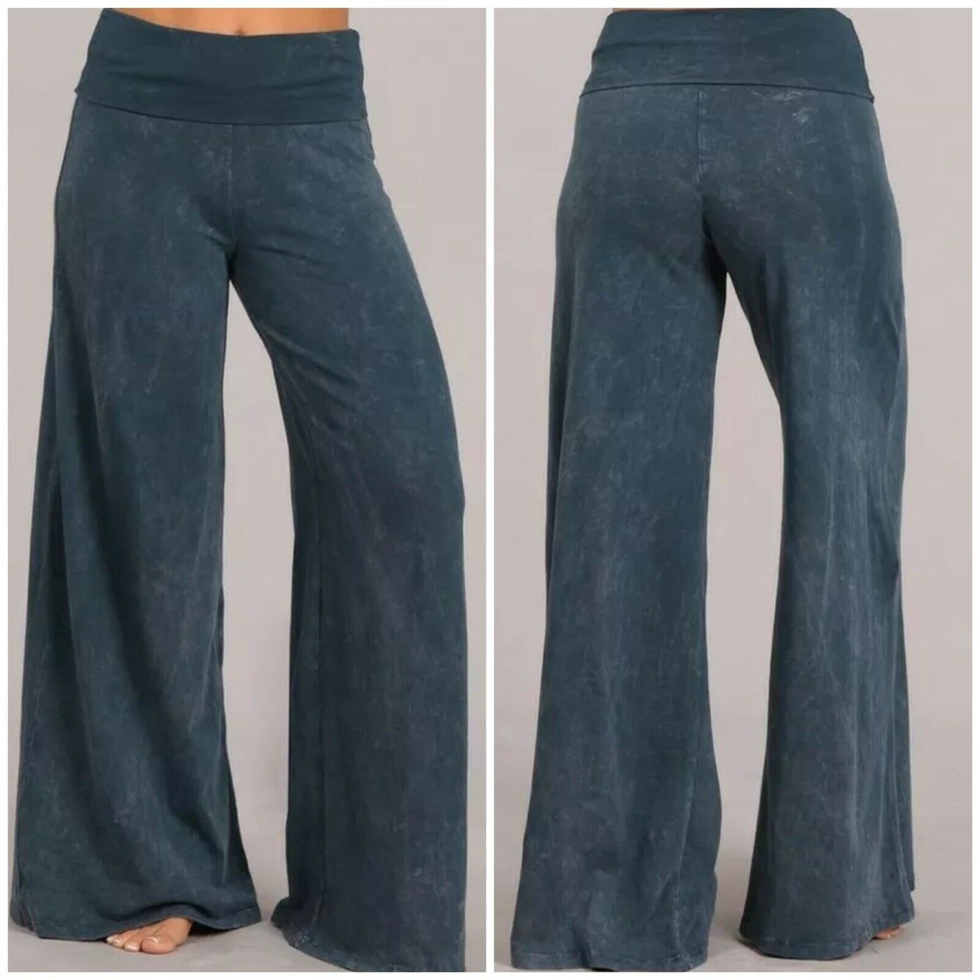 Blue Gray Mineral Wash Wide Led Foldover Over Waistband Casual Boho Womens Pants