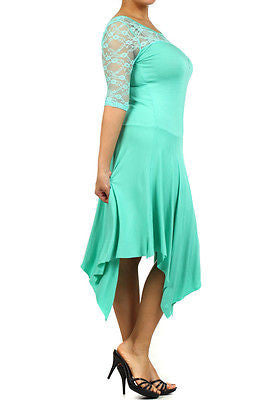 Plus Dress Lace Sweetheart Sexy Solid 3/4 Sleeve Asymmetrical Mint New