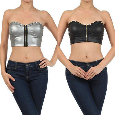 Bandeau Top Metallic Studded Faux Leather Black Silver Zipper Top Sexy