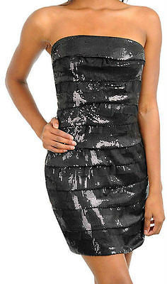 Dress Cocktail Sequin Black Ruffle Tulle Sparkling Strapless Mini Formal