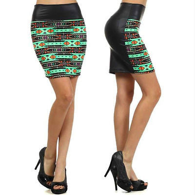 Skirt Faux Leather High Waist Tribal Green Aztec Mini Stretch Sexy