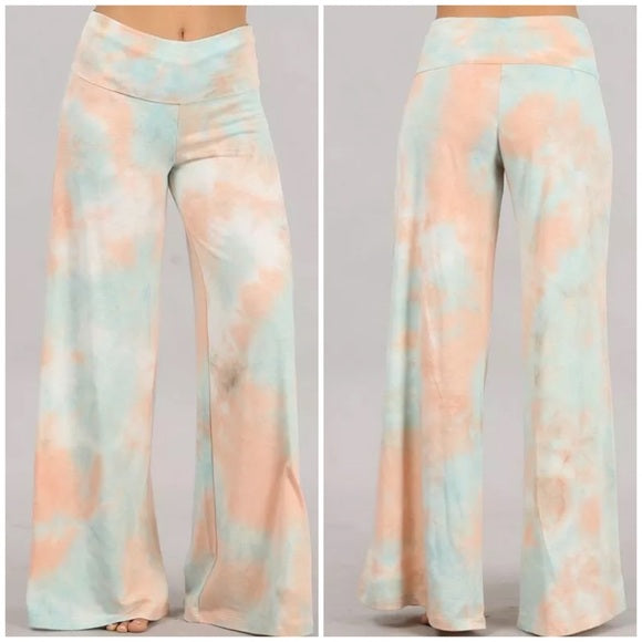 Peach Mint Tie Dye Wide Leg Palazzo Relaxed Fit Foldover Waist Lounge Pants