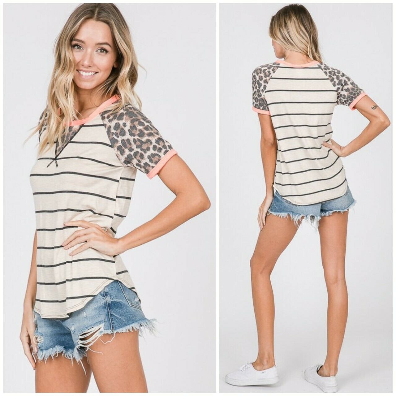 Oatmeal Coral Striped Leopard Raglan Top Womens Shirt Casual