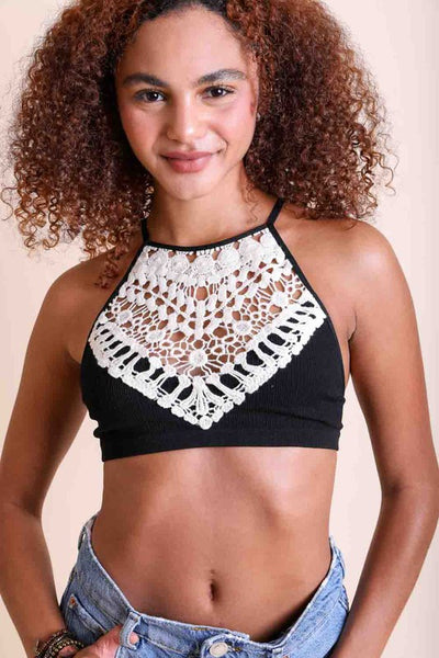 Black Boho Crochet Lace High Neck Bralette