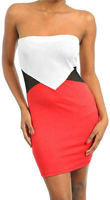 Dress Strapless Sexy Stretch Colorblock Mesh See Thru Panel Club Woman