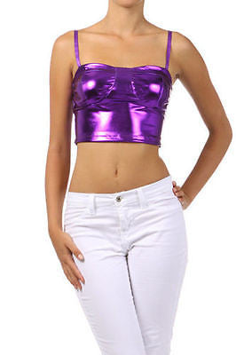 Crop Top Tank Shiny Black Metallic Liquid Leather Corset Style Sexy Club