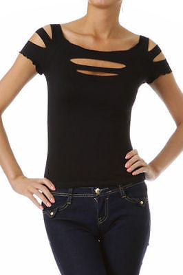 Short Sleeve Top Solid Slashed Laser Cut Keyhole Stretchy Tight Club