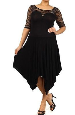 Plus Dress Size 3/4 Lace Sleeve Asymmetrical Sexy Women New Casual