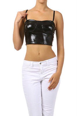 Crop Top Tank Shiny Black Metallic Liquid Leather Corset Style Sexy Club