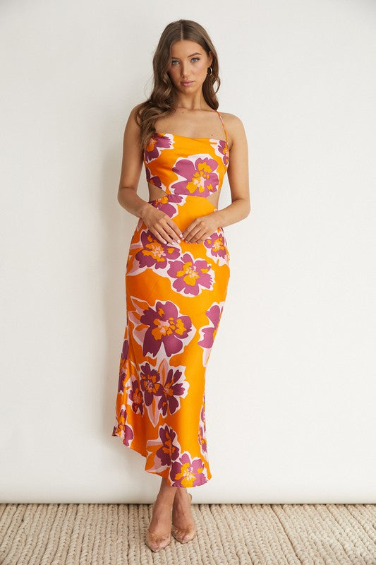 Orange Floral Cowl Cut Out Waist Open Back Midi Cocktail Dress